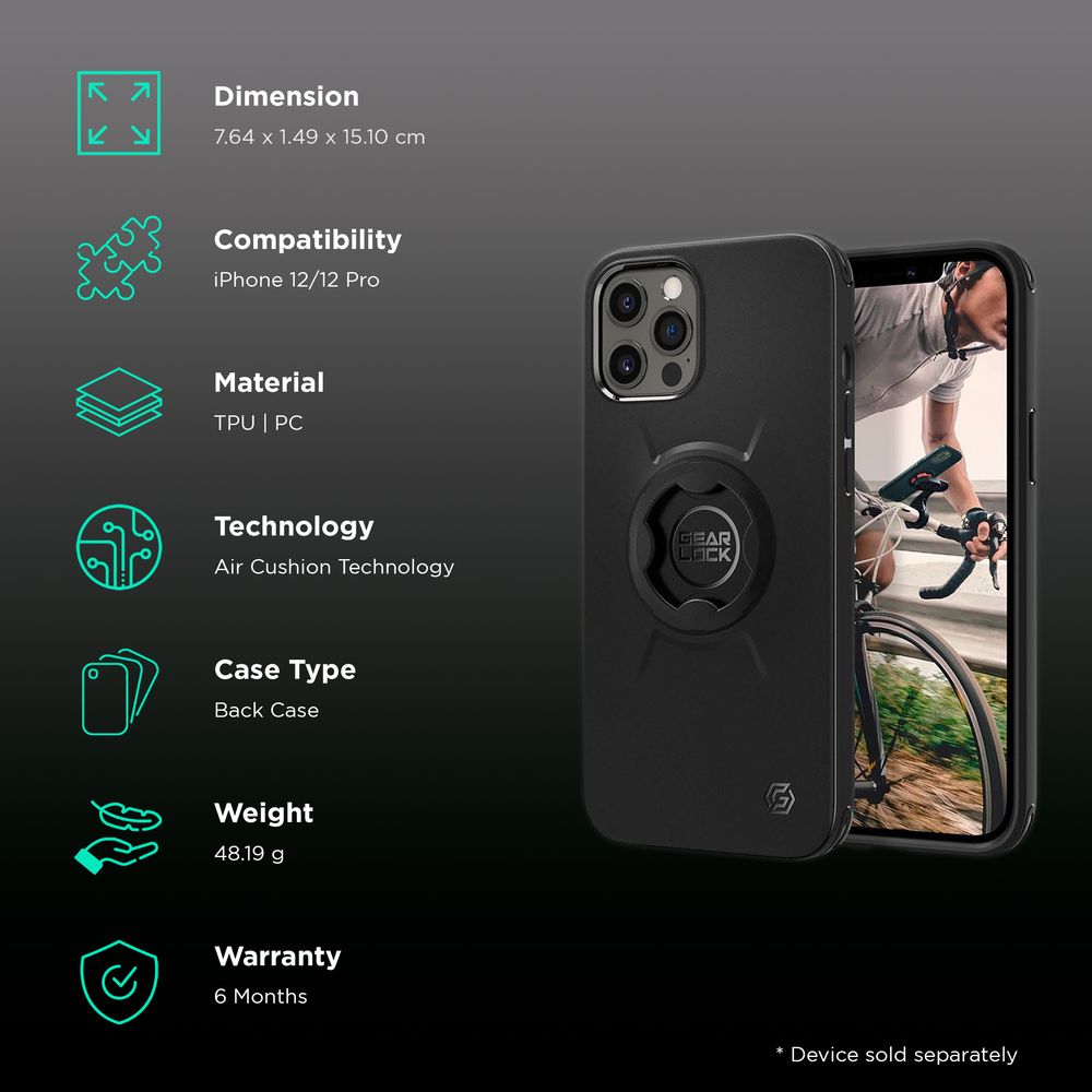TPU & Polycarbonate Bike Mount Case for Apple iPhone 12, 12 Pro (Air Cushion Technology, Black) - Image 2