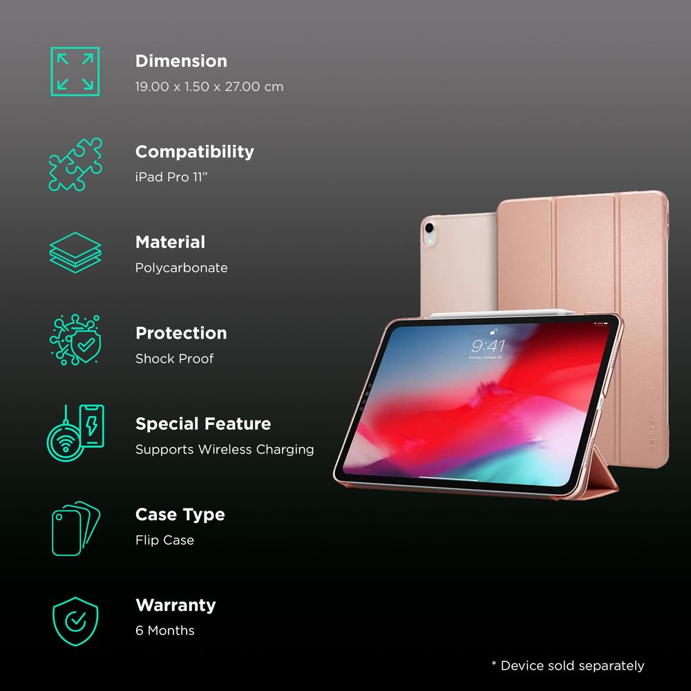 Smart Fold Polycarbonate, Rubber Flip Cover for Apple iPad Pro 11 Inch (Wireless Charging Compatible, Rose Gold) - Image 3
