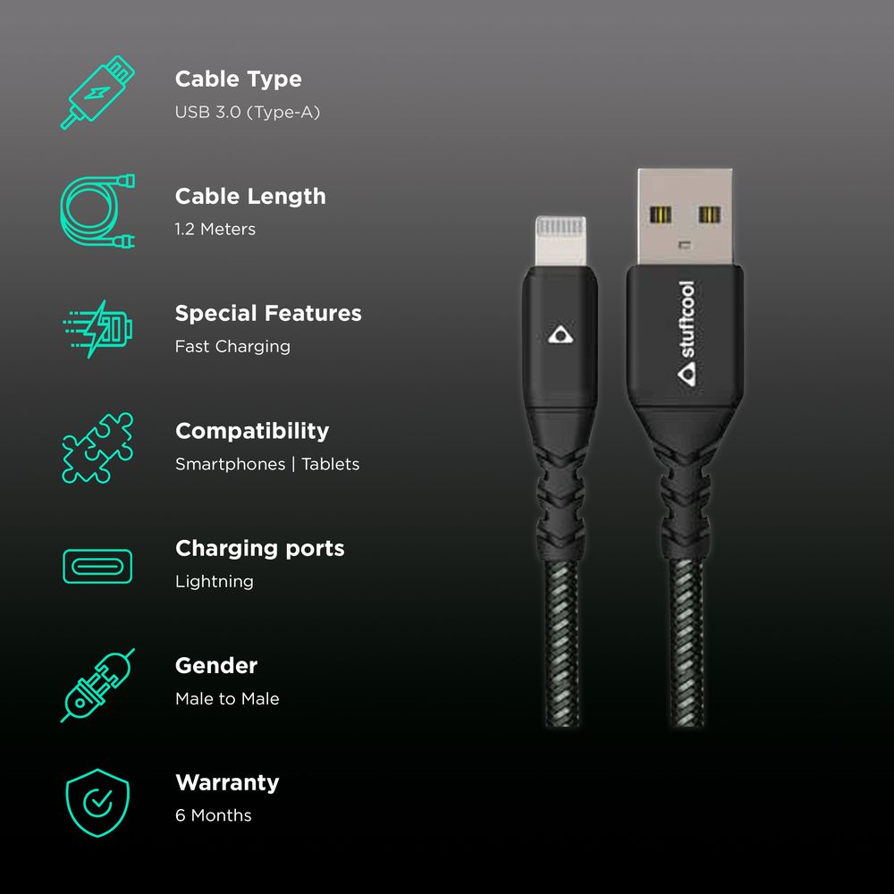 Type A to Lightning 3.9 Feet (1.2M) Cable (MFI Certified, Black) - Image 2