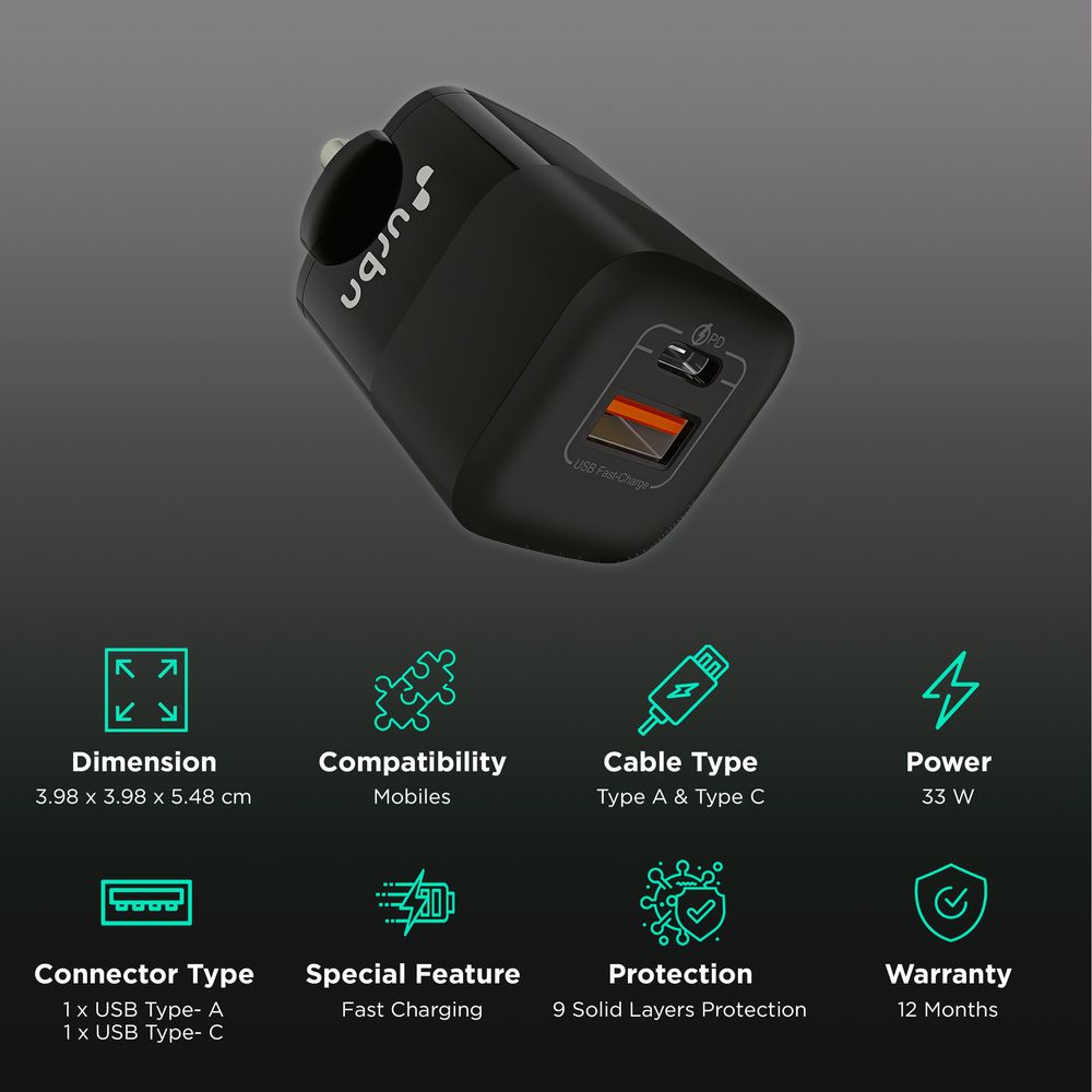 33W Type A & Type C 2-Port Fast Charger (Adapter Only, Short Circuit Control, Black) - Image 2