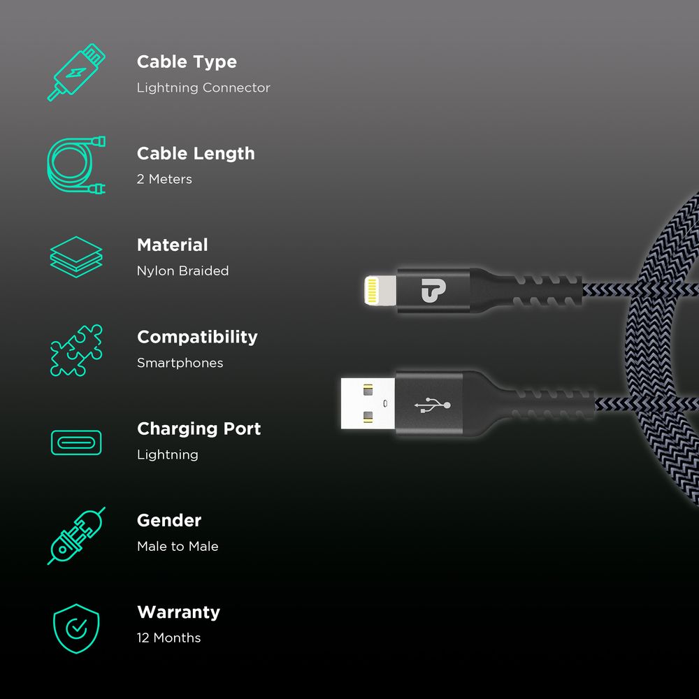 Type A to Lightning Connector 6.6 Feet (2 M) Cable (Tangle-free Design, Grey) - Image 2