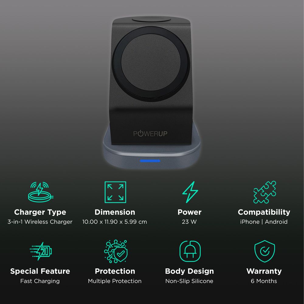 23W 3-in-1 Wireless Charger for iWatch Series 7, 6, 5, 4, 3, 2, 1, AirPods & iPhone (Multi-Layer Protection, Black) - Image 2
