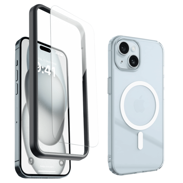 2IN1 Defense Tempered Glass & Back Case Combo for iPhone 15 Plus (Anti-Scratch Design, Clear)