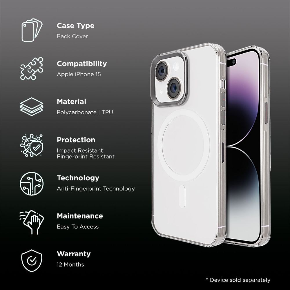 Neo Xtreme Hard Polycarbonate Back Cover for Apple iPhone 15 (MagSafe Compatible, Clear) - Image 2