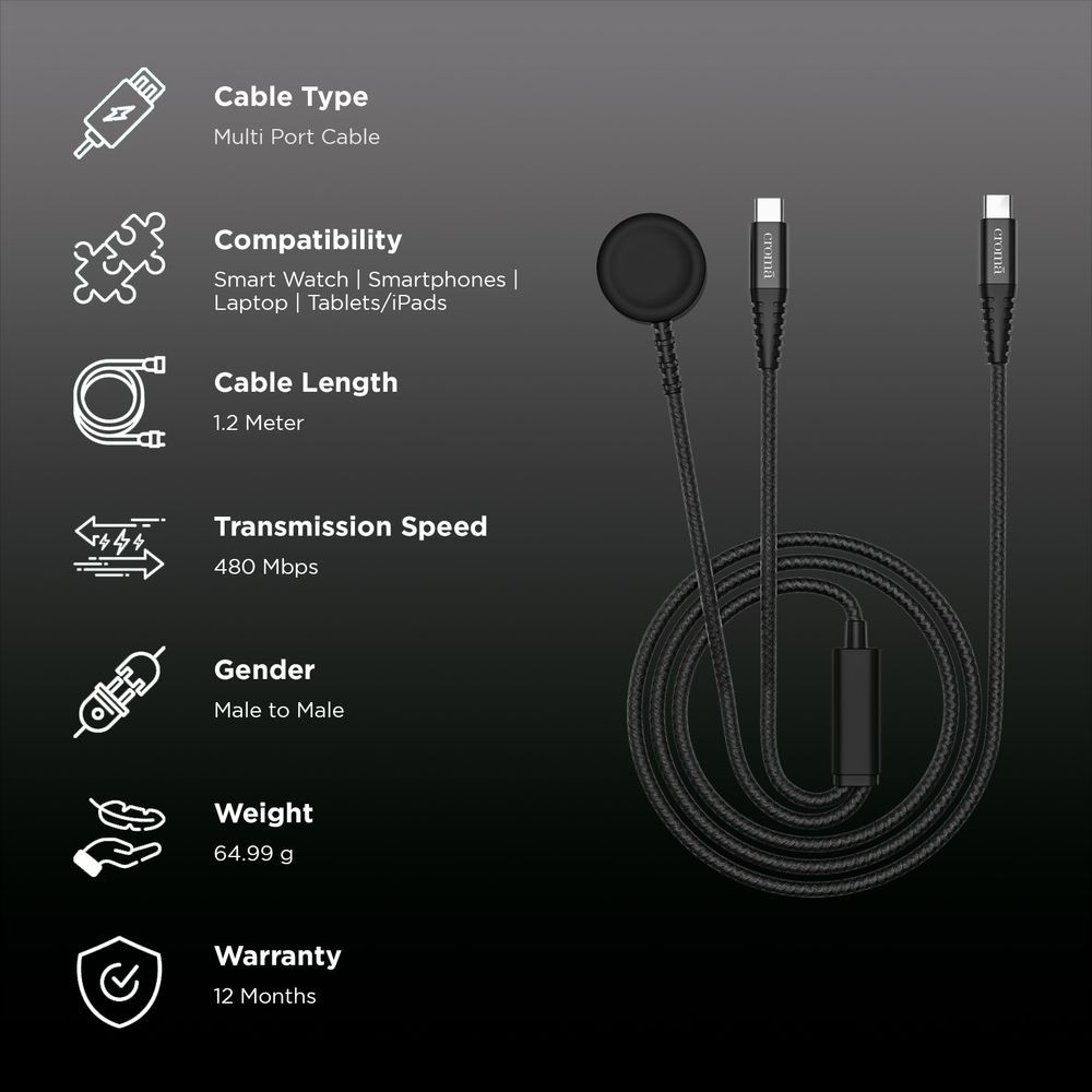 Type C to Type C & Wireless Charging Pad 3.9 Feet (1.2M) 2-in-1 Cable (For Apple Watch, Black) - Image 2