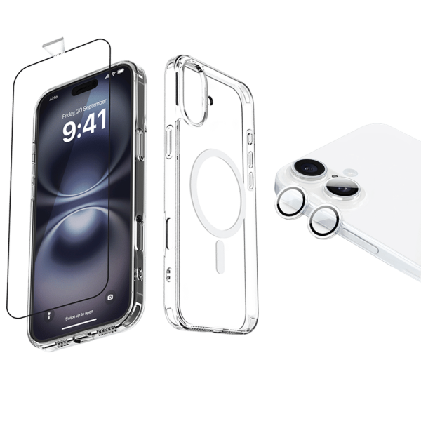 Tempered Glass, TPU Back Cover & Camera Lens Protector Combo for Apple iPhone 16 Plus (Supports Wireless Charging, Transparent)