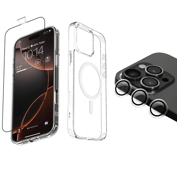 Tempered Glass, TPU Back Cover & Camera Lens Protector Combo for Apple iPhone 16 Pro (Supports Wireless Charging, Transparent)