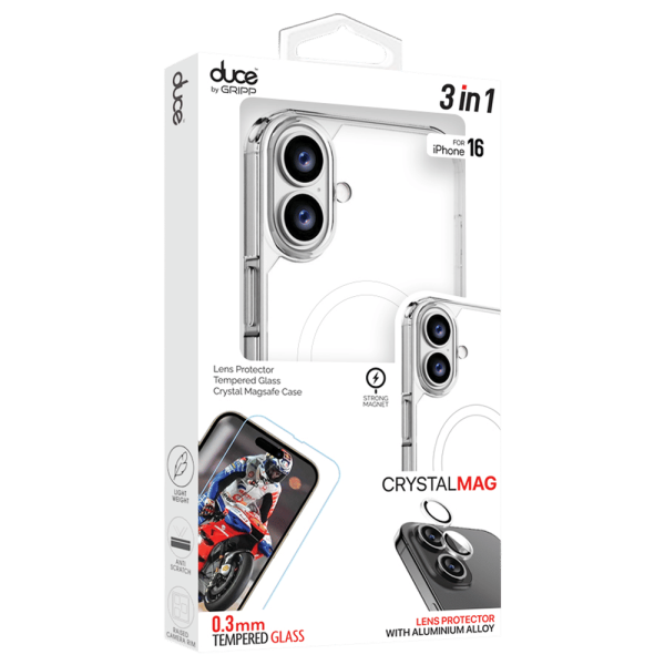 TPU Plus PC MagSafe Case, Tempered Glass and Camera Lens Protector Combo for Apple iPhone 16 (Supports Wireless Charging, Clear)