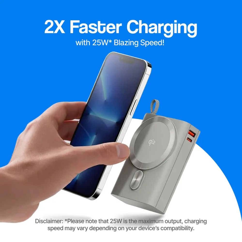 20000 mAh 35W Fast Charging Power Bank (1 Type A Port, 1 Type C Port, MagSafe Compatible, 1 Built-in Type-C Cable, Metallic Finish, SafeCharge Technology, Titanium) - Image 8