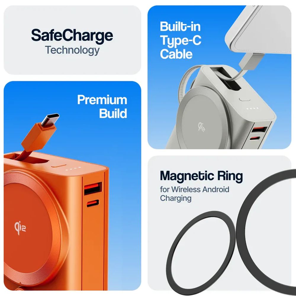 20000 mAh 35W Fast Charging Power Bank (1 Type A Port, 1 Type C Port, MagSafe Compatible, 1 Built-in Type-C Cable, Metallic Finish, SafeCharge Technology, Titanium) - Image 10