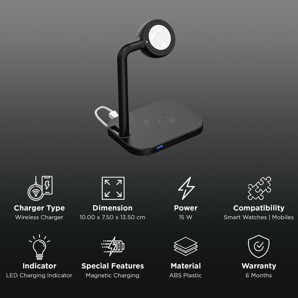15W 3-in-1 Wireless Charger for Phones, TWS and iWatch (LED Charging Indicator, Black) - Image 2