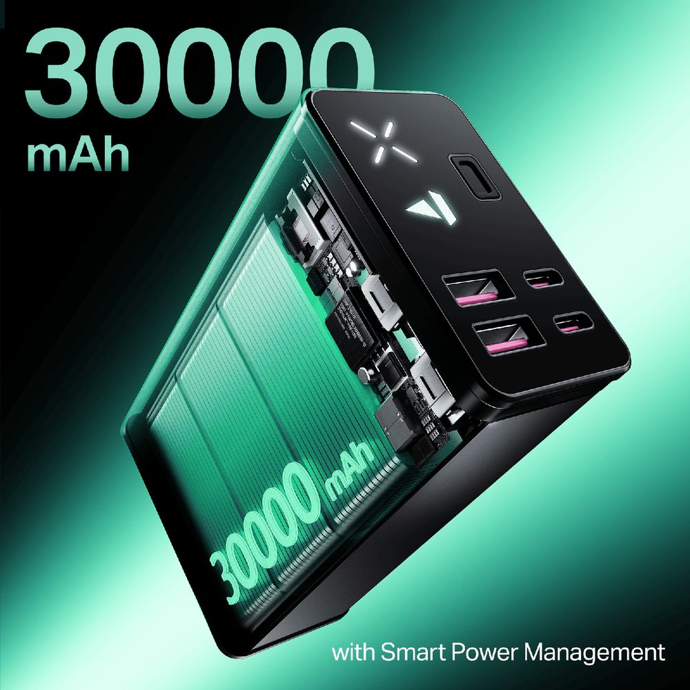30000 mAh 65W Fast Charging Power Bank (2 Type A, 2 Type C Ports, LED Indicator, Onyx Black) - Image 4